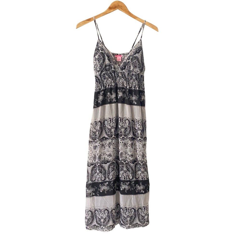 She's Cool Large Black White Paisley Smocked Midi Dress Metallic Accents Hippie